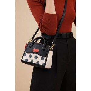 Vintage Betsey Johnson Mini Satchel Crossbody Bag Black Cream Polka Dot Red Logo